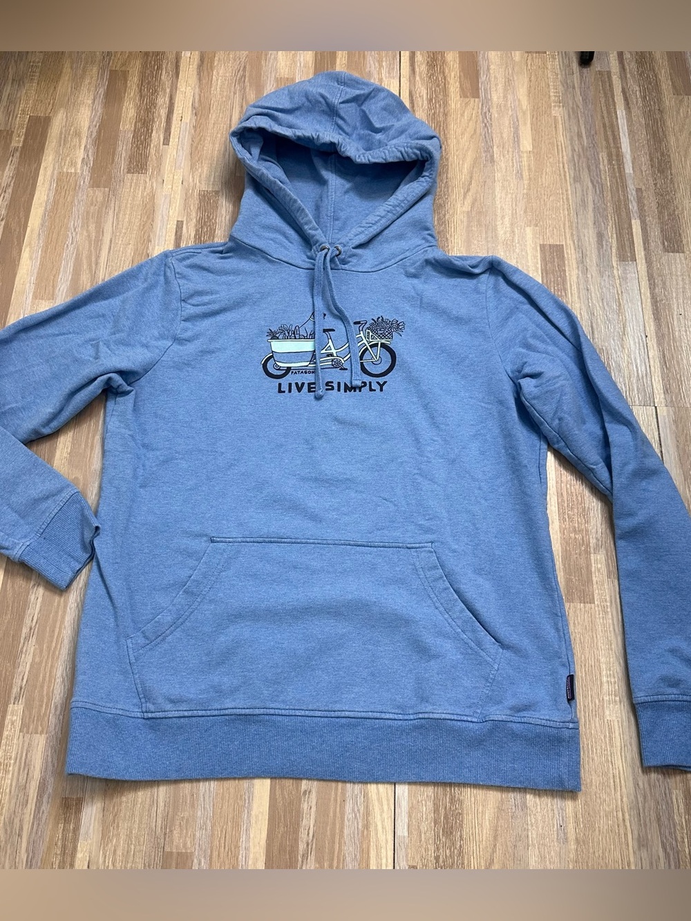 Patagonia Blue 'Live Simply' Pullover Hoodie with Bicycle Graphic Women’s Large